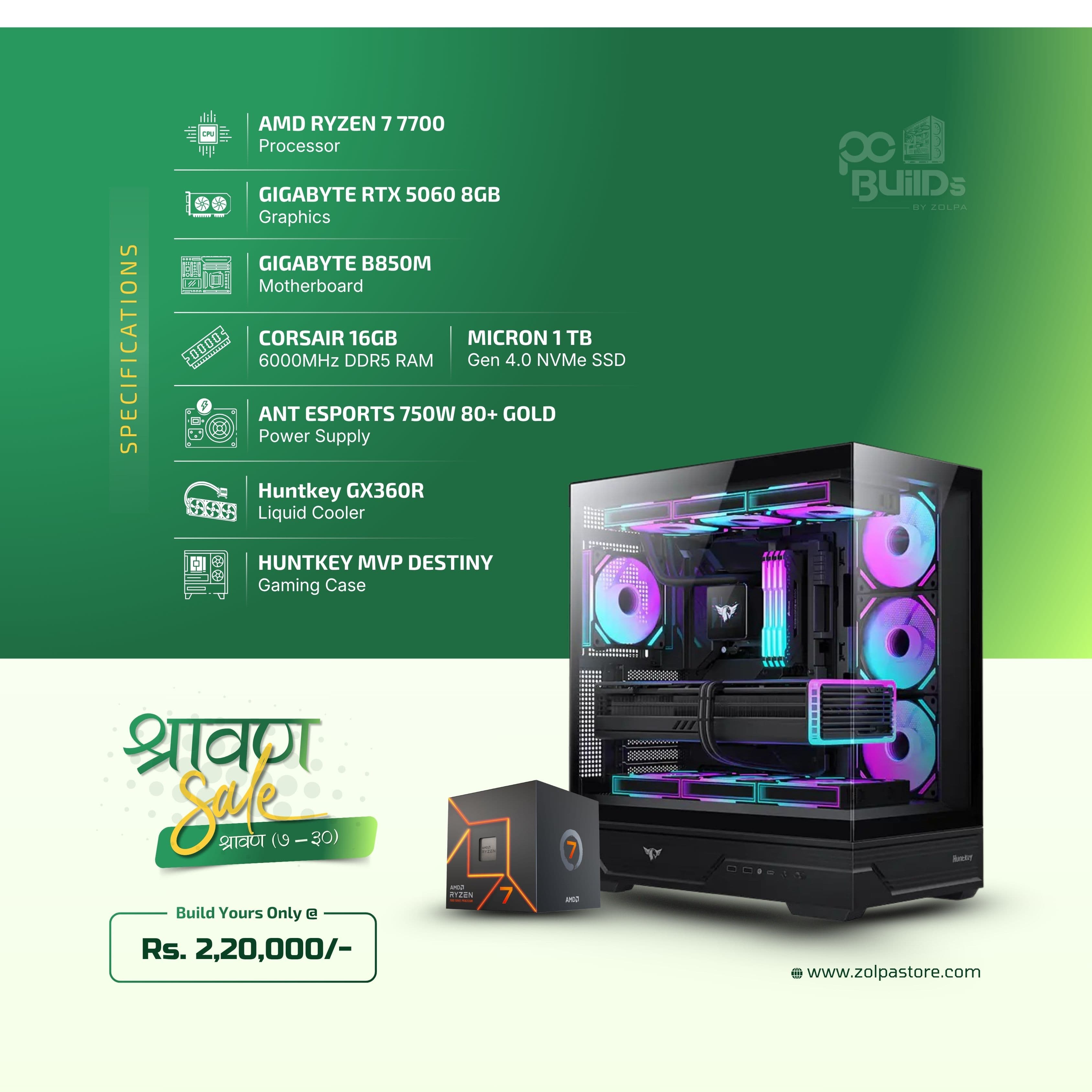 Build Your Ultimate Gaming PC | AMD Ryzen 7 7700 | Gigabyte B850M | CORSAIR 16GB DDR5 6000MHz RAM | 1TB SSD | GX360R Liquid Cooler | RTX 5060 8GB | 750W 80+Gold PSU | Huntkey MVP Destiny gaming Casing