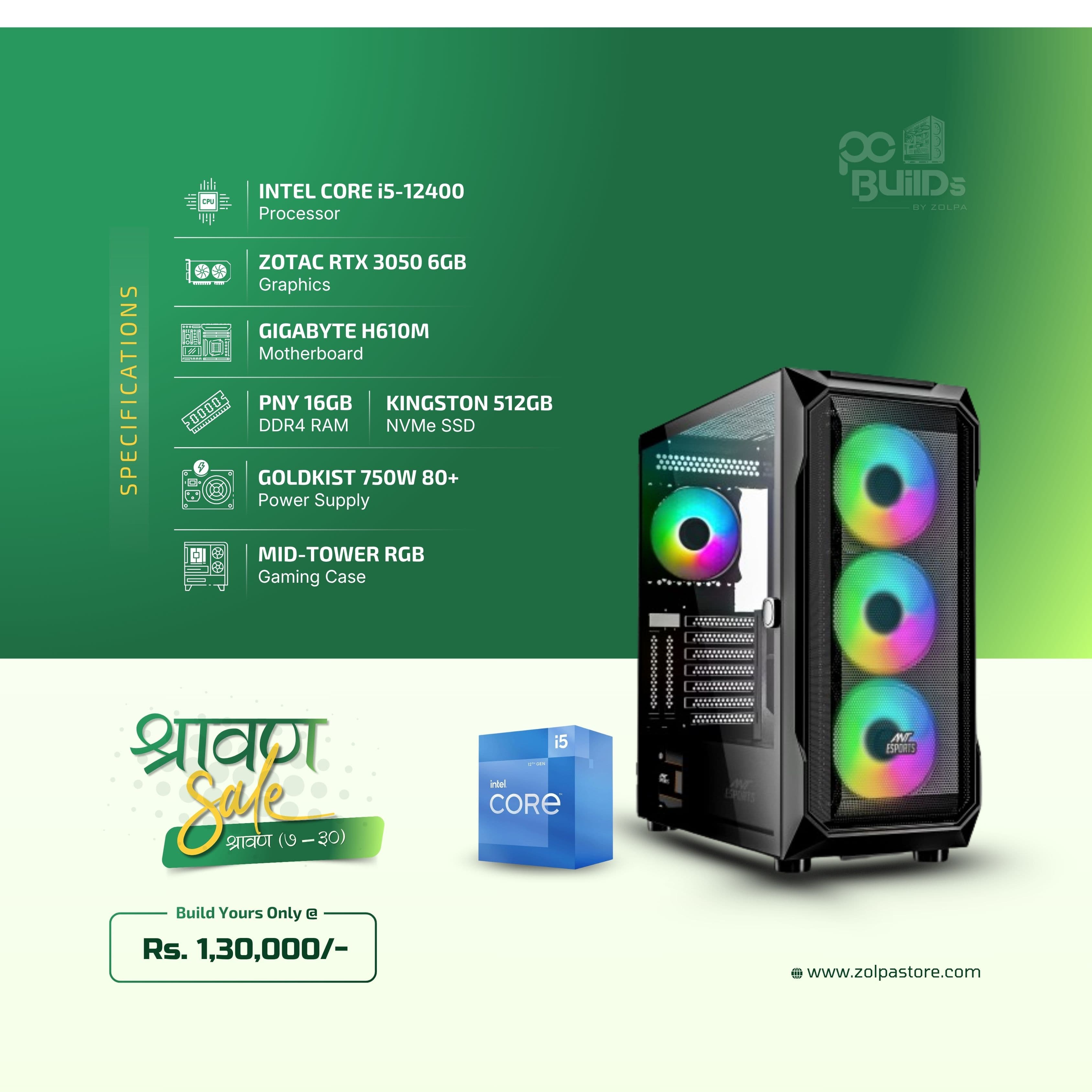 Build Your Ultimate Gaming PC | intel core i5 12400 | Zotac RTX 3050 6GB | Gigabyte H610M | PNY 16GB DDR4 RAM | Kingston 512GB SSD | Goldkist 750W 80+ PSU | Mid-Tower RGB Gaming Case