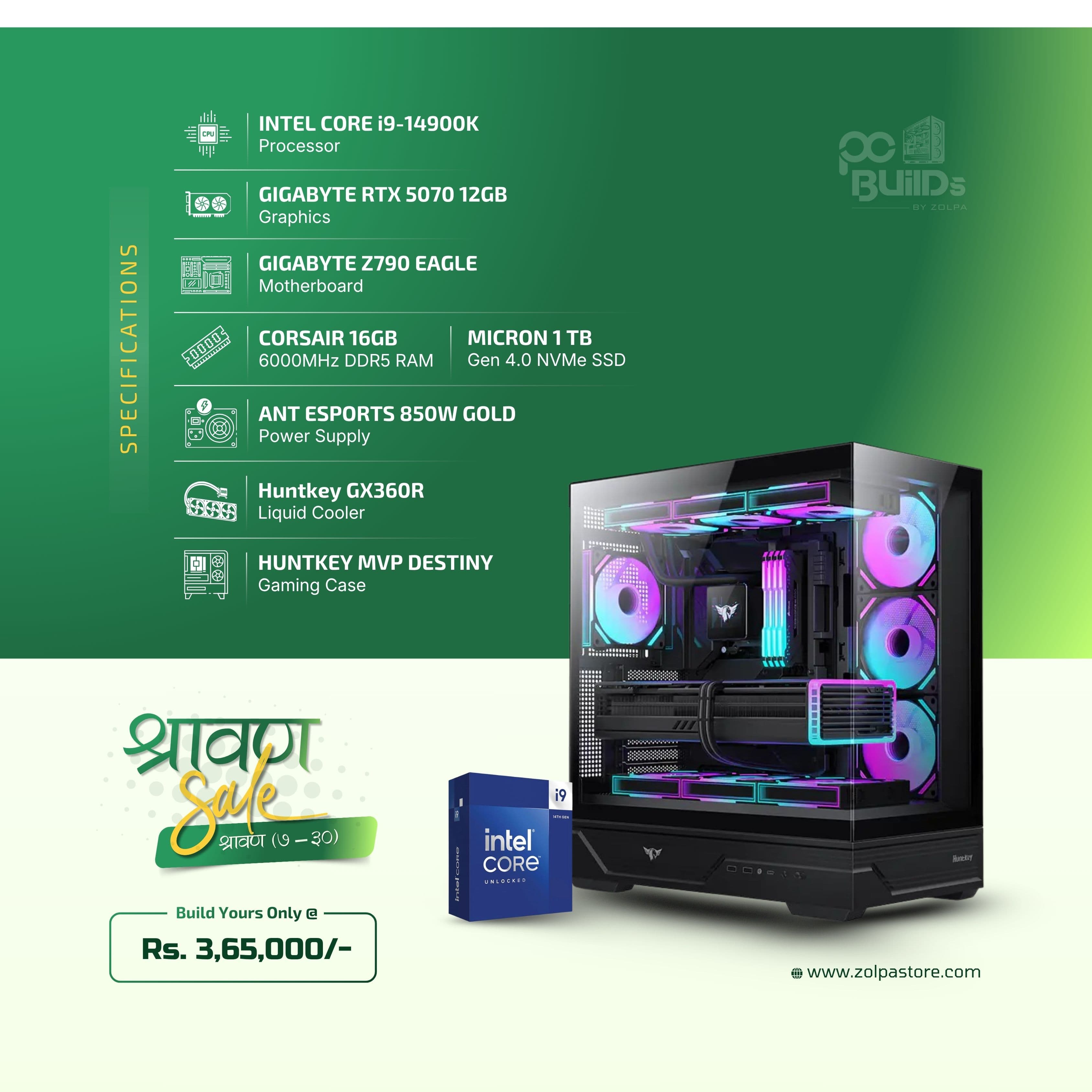 Build Your Ultimate Gaming PC | intel core i9 14900K | Gigabyte RTX 5070 12GB | Z790 Eagle | 16GB DDR5 RAM | 1TB SSD | Ant Esport 850W Gold PSU | GX360R Liquid Cooler |Huntkey MVP Destiny