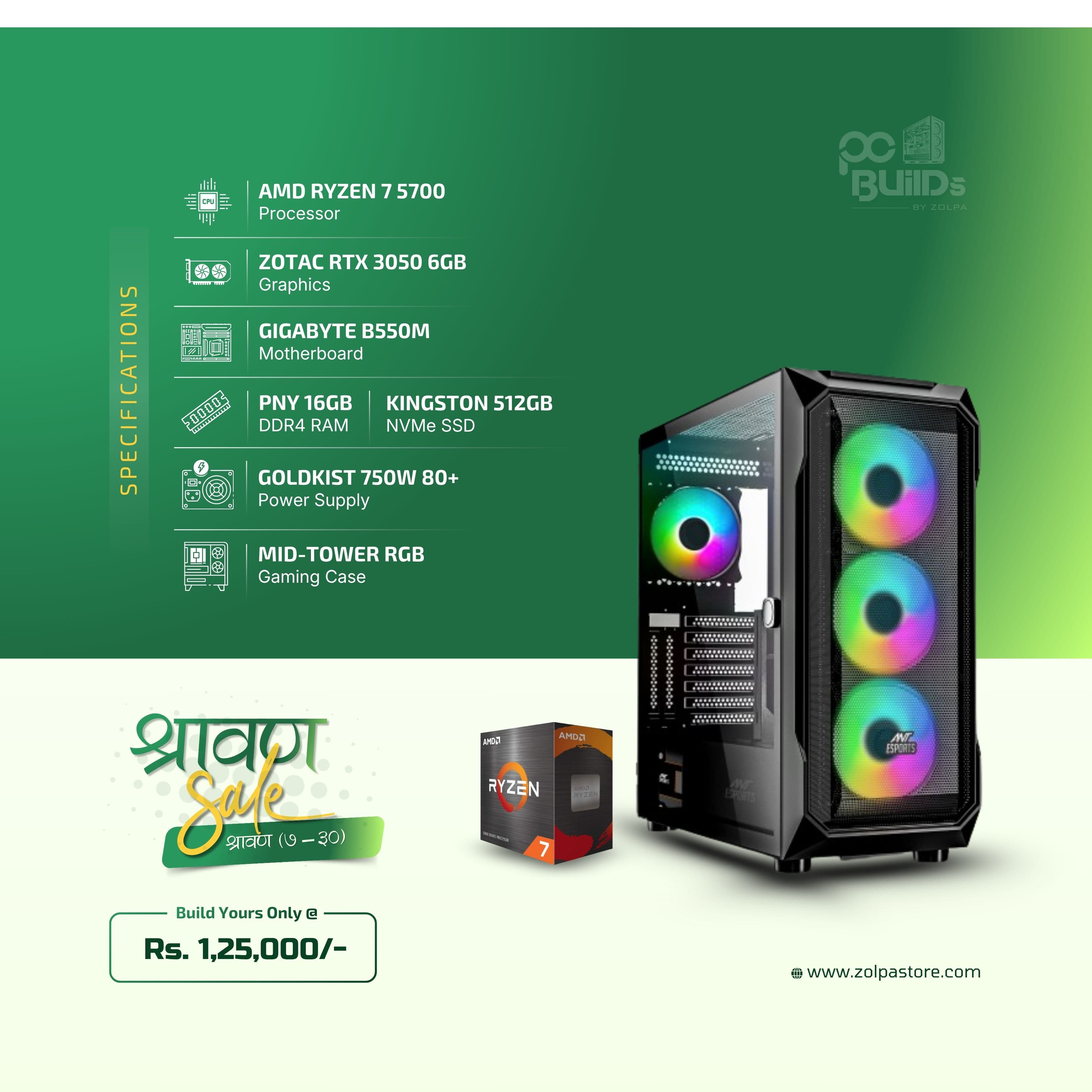 Build Your Ultimate Gaming PC | AMD Ryzen 7 5700 | Gigabyte B550M | 16GB DDR4 RAM | 512GB SSD | Zotac RTX 3050 6GB | Goldkist 750W 80+ | Mid-Tower RGB Gaming Case