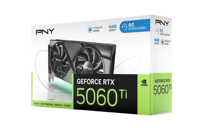 PNY GeForce RTX 5060 Ti 16GB Dual Fan Overclocked Graphics Card | PCI Express 5.0 x16 | 2407MHz Boost Clock | 16GB GDDR7 (128-bit, 28 Gbps, 448 GB/s) | 4608 CUDA Cores | HDMI 2.1b & 3x DisplayPort 2.1b
