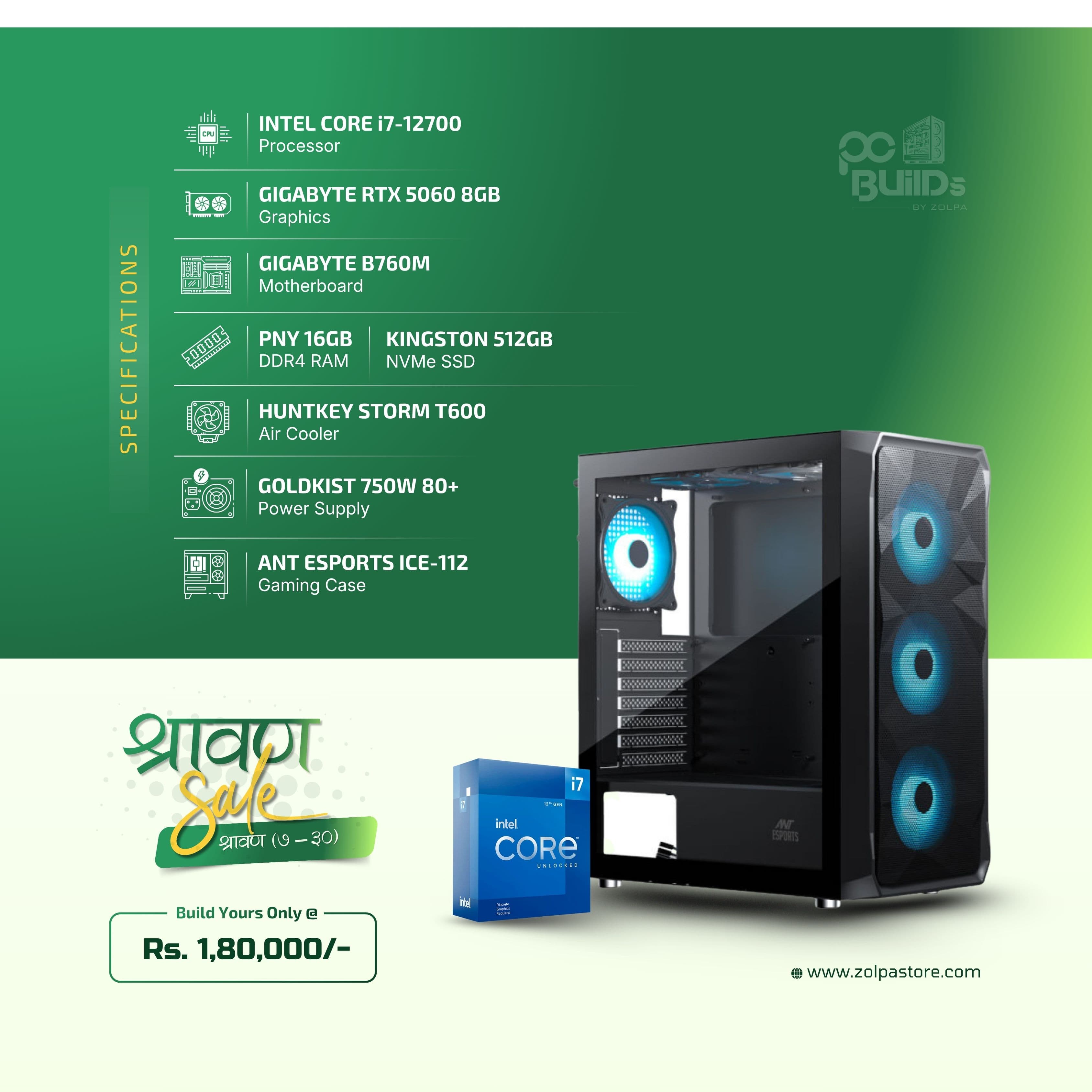 Build Your Ultimate Gaming PC | intel core i7 12700 | Gigabyte RTX 5060 8GB | B760M | 16GB DDR4 RAM | 512GB SSD | 750W 80+ PSU | Storm T600 Air Cooler | Ice-112 Gaming Case
