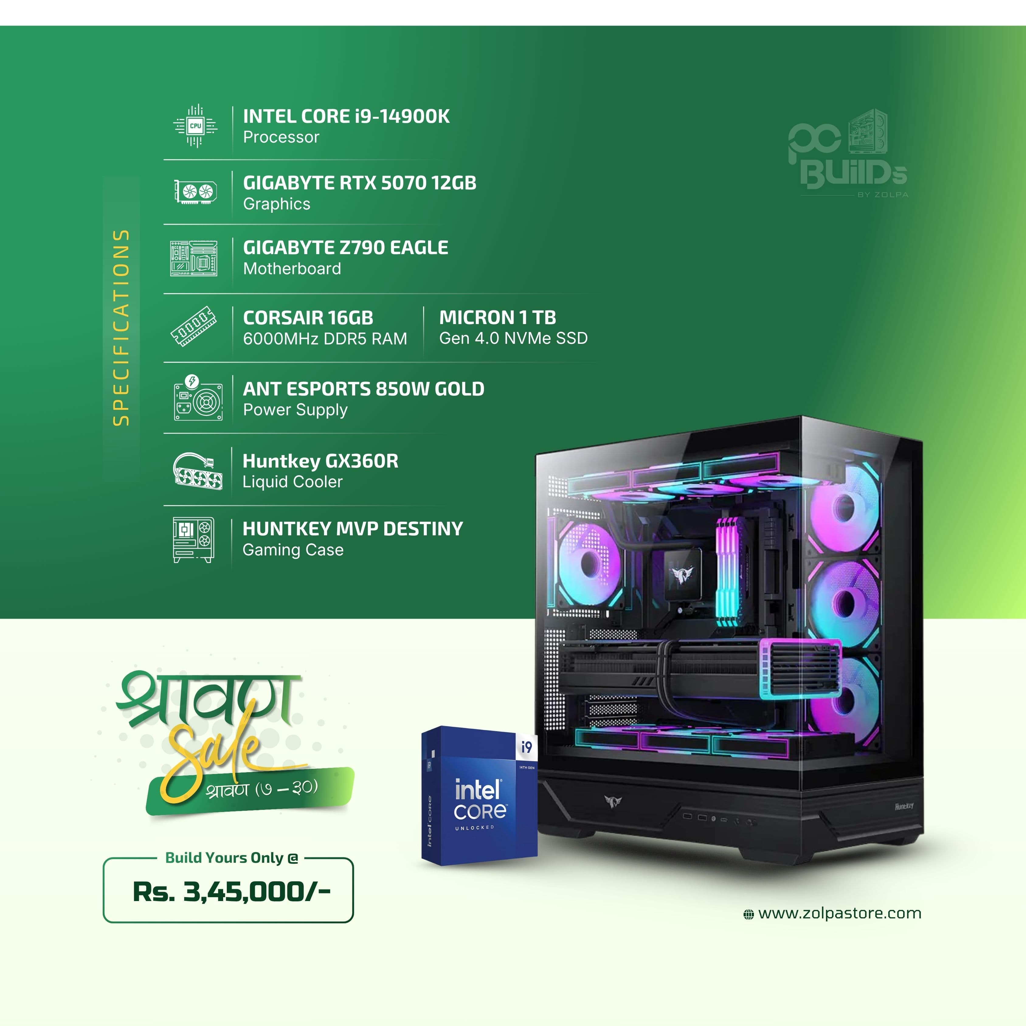Build Your Ultimate Gaming PC | intel core i9 14900K | Gigabyte RTX 5070 12GB | Z790 Eagle | 16GB DDR5 RAM | 1TB SSD | Ant Esport 850W Gold PSU | GX360R Liquid Cooler |Huntkey MVP Destiny