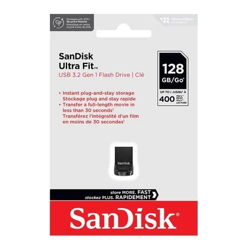SanDisk Ultra Fit USB 3.2 Gen 1 Flash Drive | 32GB/64GB/128GB | Up to 400MB/s Read | Ultra-Compact Plug-and-Stay Design | Password Protection | RescuePRO Deluxe