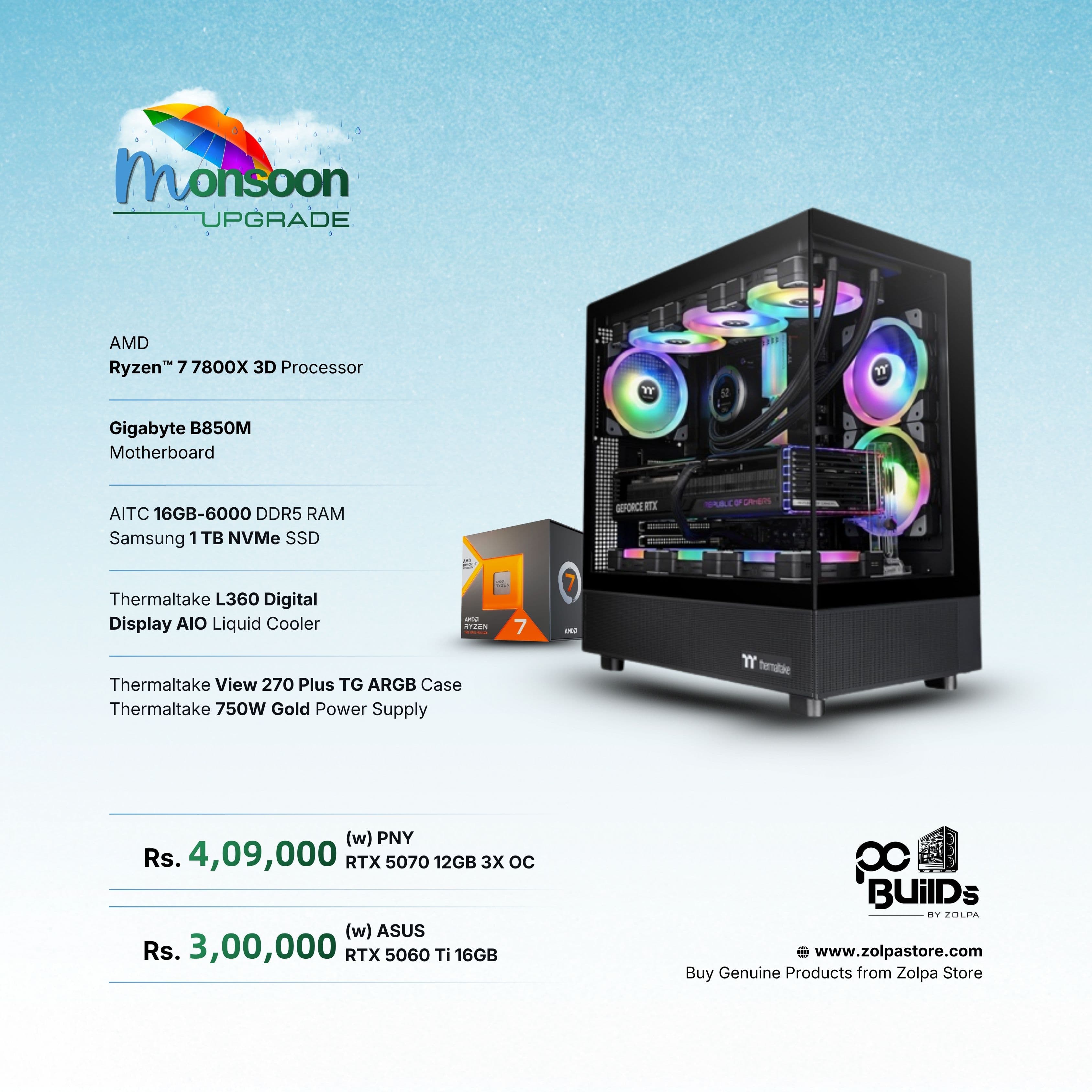Build Your Gaming PC | AMD Ryzen 7 7800X3D| RTX 5060Ti 16GB/ RTX 5070 12GB 3X OC | B850M | 16GB RAM | 1TB SSD | L360 Digital Display AIO Liquid Cooler | 270Plus TG ARGB Case | 750W Gold PSU