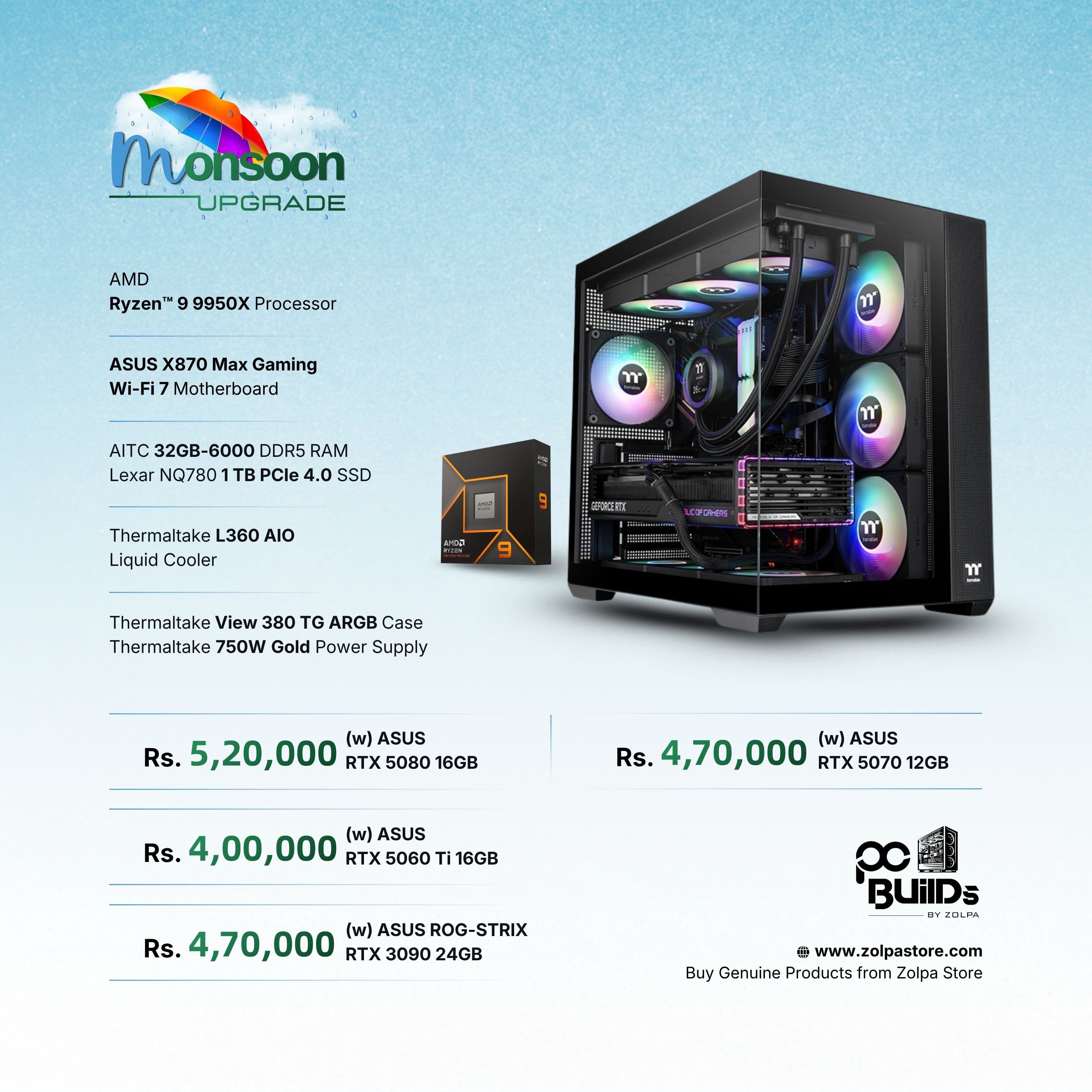 Build Your Gaming PC | AMD Ryzen 9 9950X | RTX 5060 Ti 16GB / RTX 5070 12GB / RTX 5080 16GB / RTX 3090 24GB | X870 Max Gaming WiFi 7 | 32GB DDR5 | 1TB SSD | 360mm Digital AIO | 750W Gold PSU
