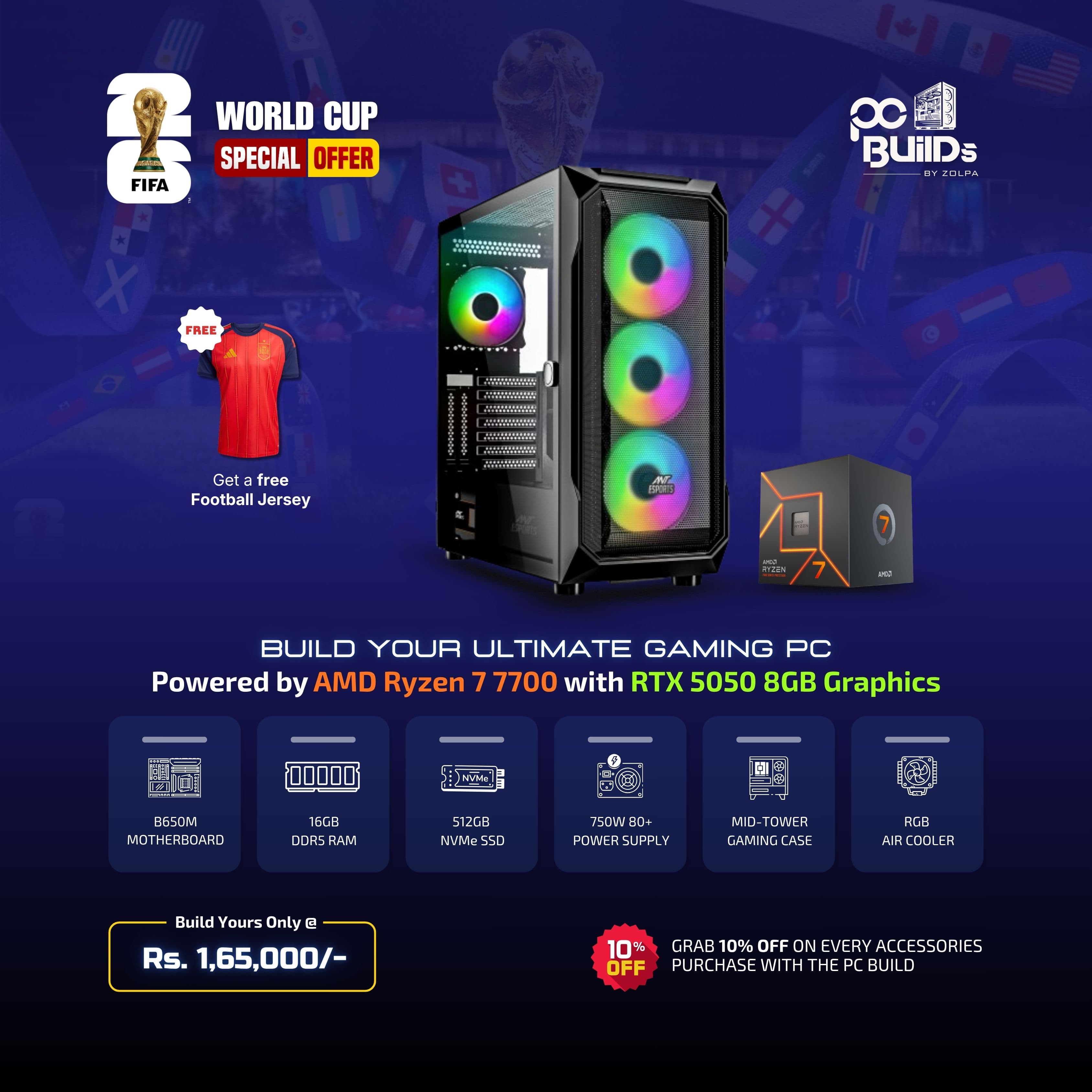 Build Your Ultimate Gaming PC | AMD Ryzen 7 7700 Processor | 16GB RAM | 512GB SSD | B650M Motherboard | NVIDIA RTX 5050 8GB | Mid-Tower Gaming Case | RGB Air Cooler | 750W 80+ PSU
