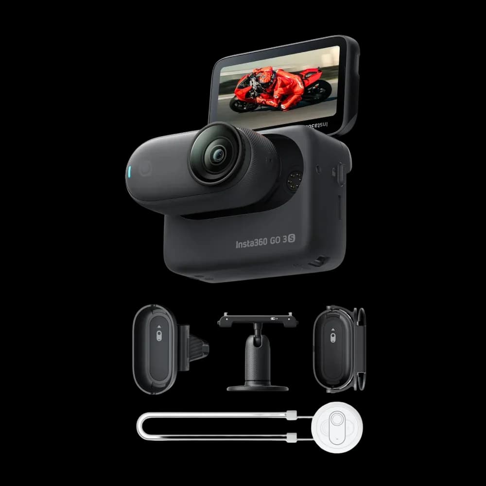 Insta360 GO 3S Motorcycle In-Helmet POV Bundle | 4K Action Camera | 128GB Storage | Hands-Free POV Recording | FlowState Stabilization | In-Helmet POV Mount | Action Pod | Mic Wind Muff