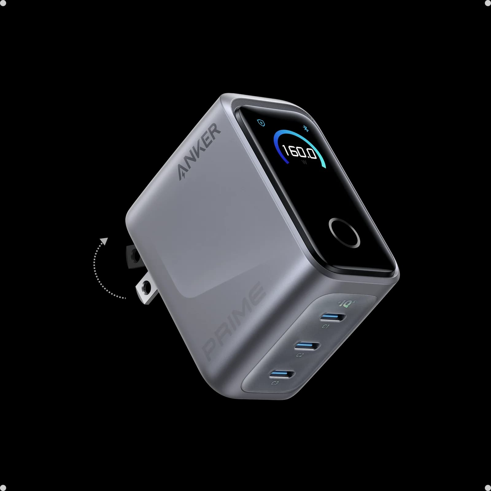 Anker Prime Charger 160W GaN | 3-Port USB-C Fast Charger | Smart Digital Display | High-Speed Charging for Laptops, Phones & Tablets