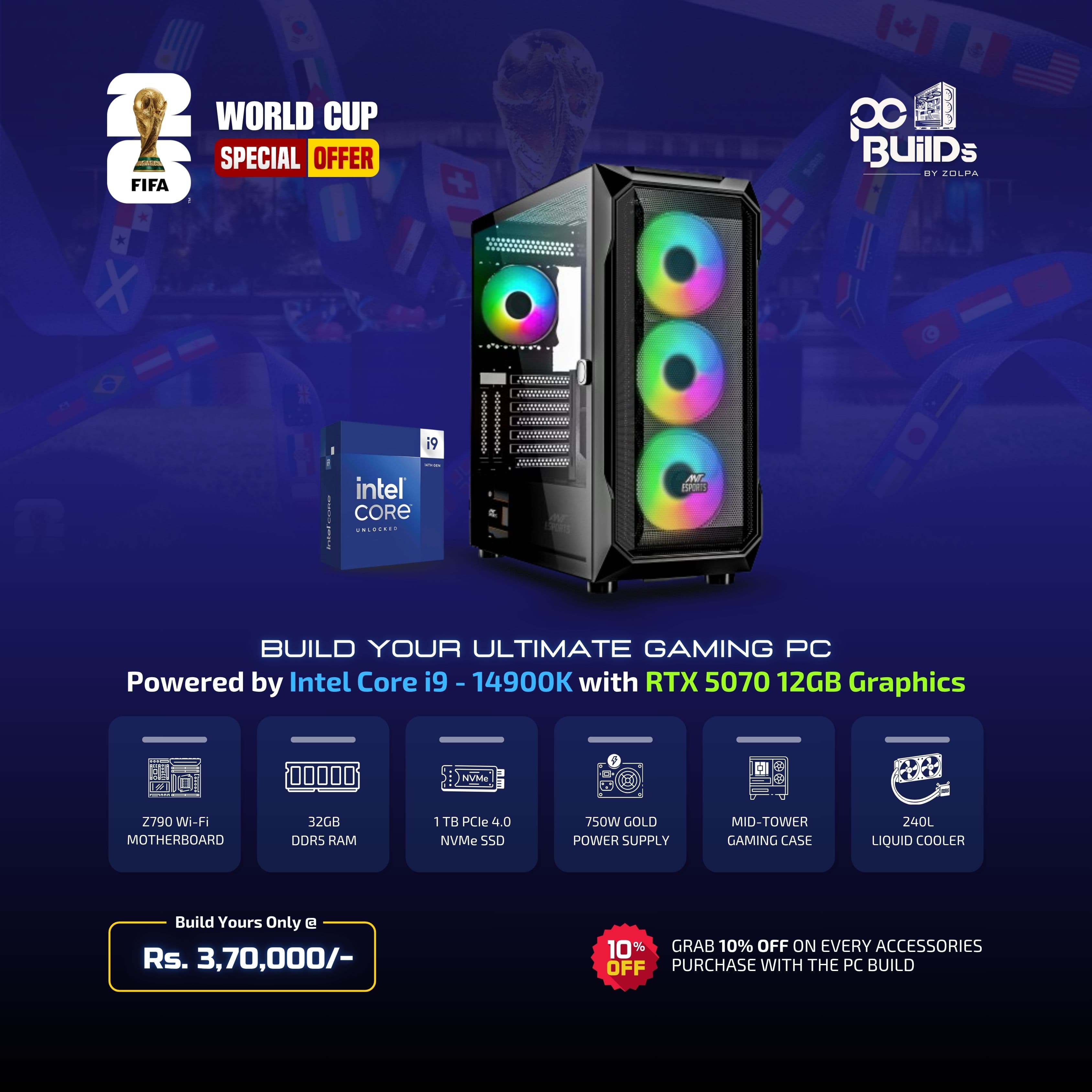 Build Your Ultimate Gaming PC | Intel Core i9 14900K Processor | 32GB RAM | 1TB SSD | Z790 WIFI Motherboard | RTX 5070 12GB | 750W gold PSU | Mid-Tower Gaming Case | 240L Liquid Cooler