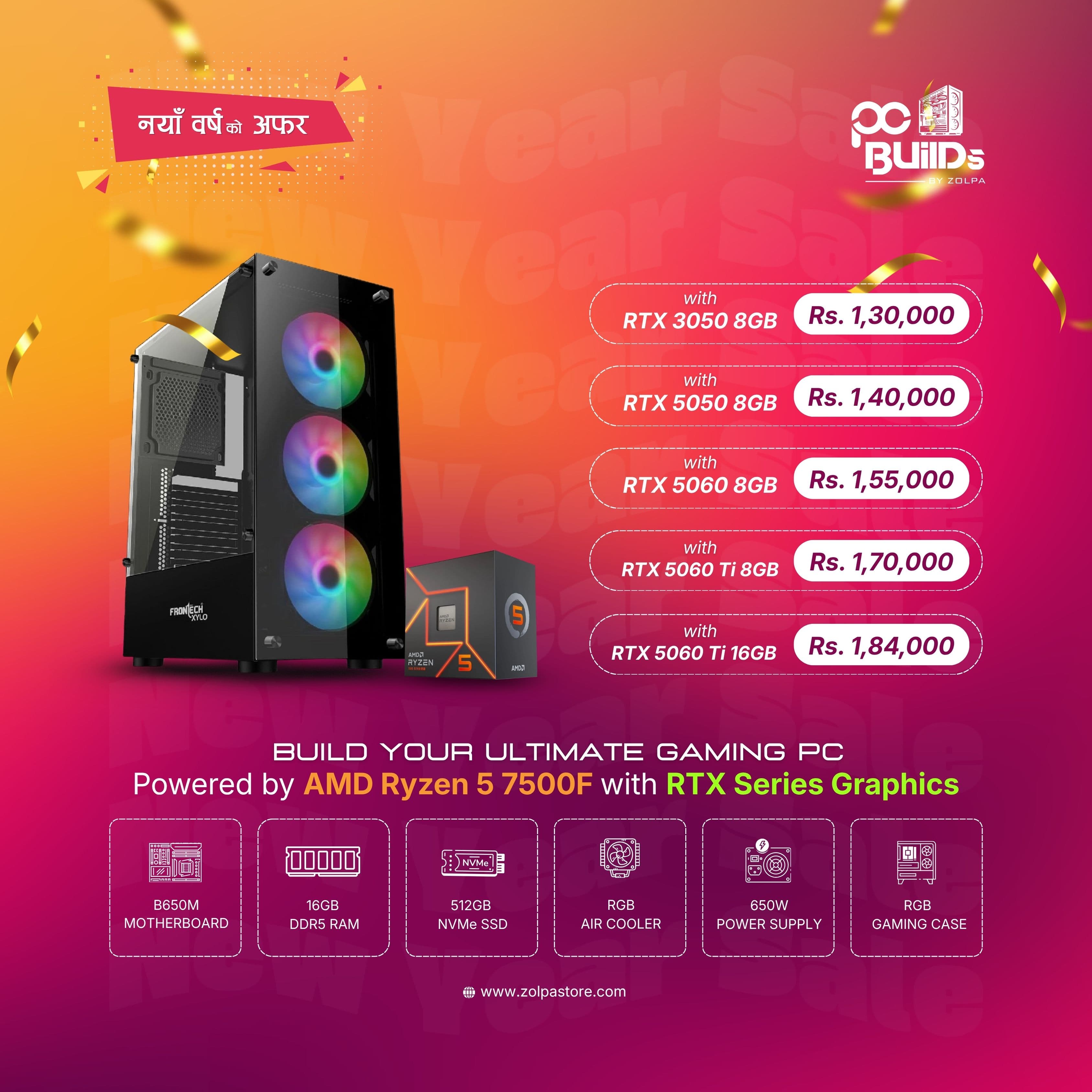 Ultimate Gaming PC | AMD Ryzen 5 7500F | 16GB DDR5 | 512GB NVMe SSD | B650M Motherboard | RGB Air Cooler | 650W PSU | RGB Gaming Case | Choice of RTX 3050 / RTX 5050 / RTX 5060 / RTX 5060 Ti