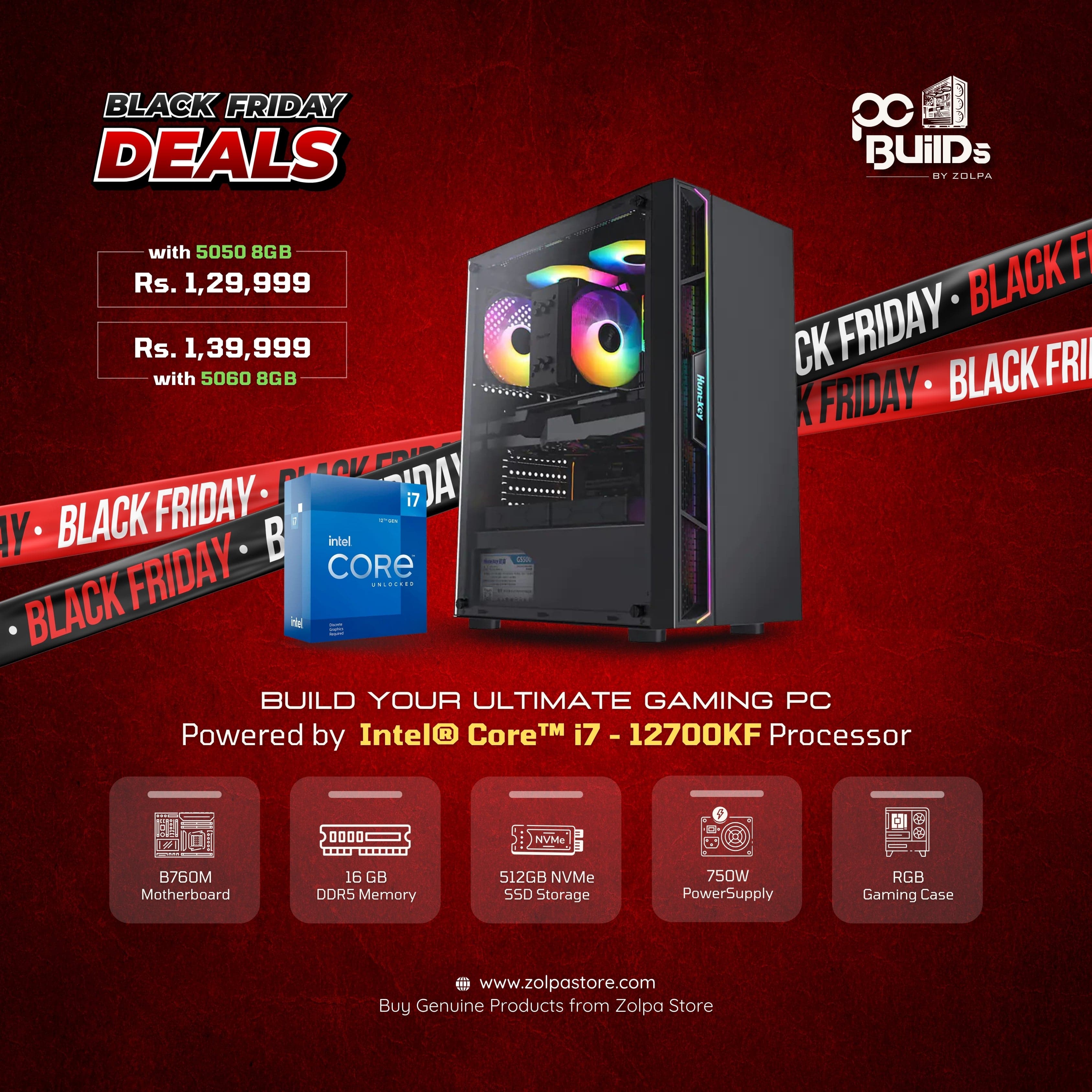 Gaming PC Build | Intel Core i7-12700KF Processor | B760M Motherboard | 16GB DDR5 RAM | 512GB NVMe SSD | RTX 5050(8GB) & 5060 (8GB) Graphics | 750W Power Supply | RGB Gaming Case