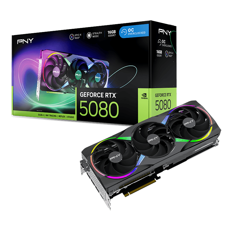 PNY GeForce RTX 5080 ARGB OC 16GB GDDR7, 256-bit, PCIe 5.0, Triple Fan Cooling, EPIC-X RGB Lighting.