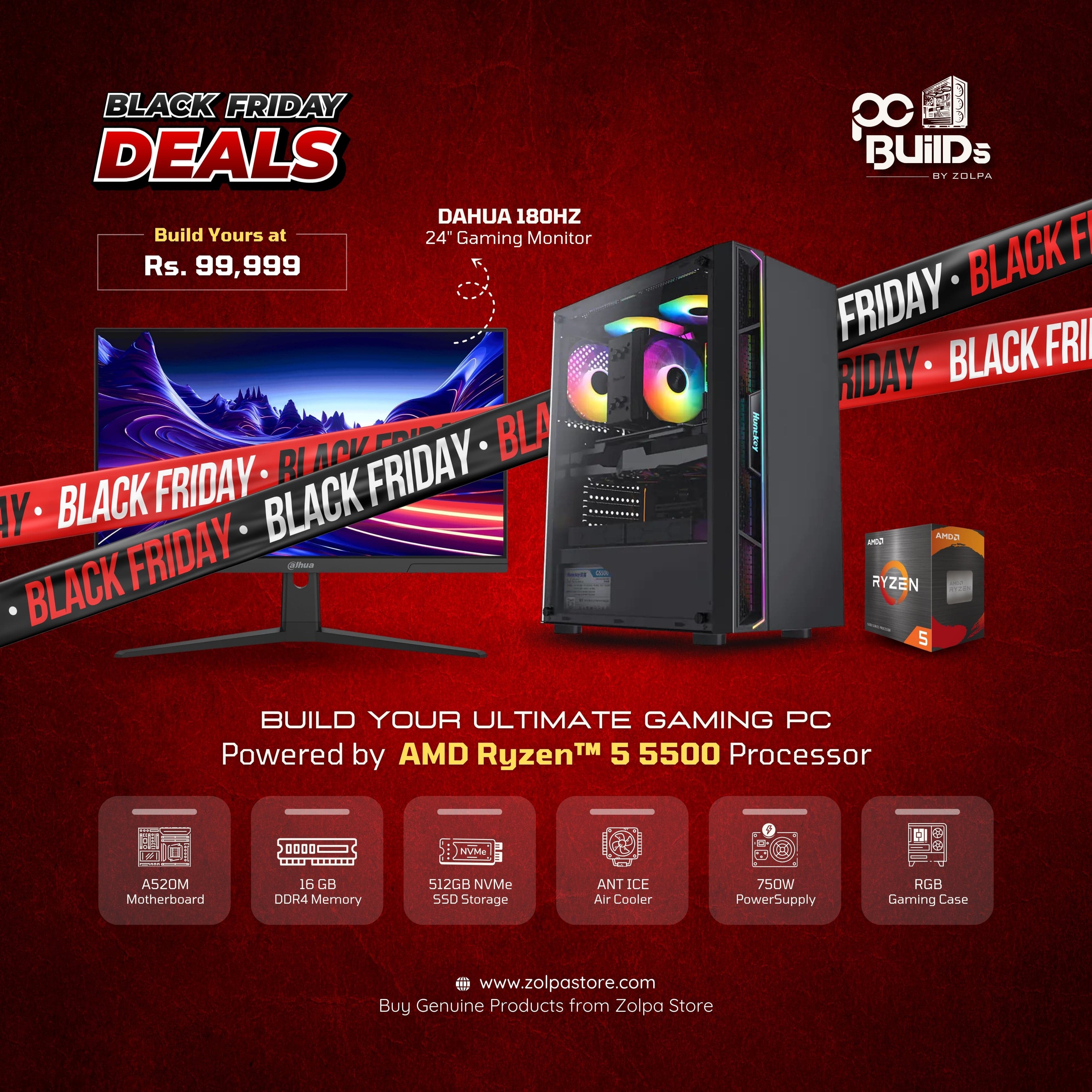 Gaming PC Build | AMD Ryzen 5 5500 Processor | A520M Motherboard | 16GB DDR4 RAM | 512GB NVMe SSD | 750W Power Supply | Ant ICE Air Cooler | RGB Gaming Case with Dahua 180Hz 24-inch Gaming Monitor