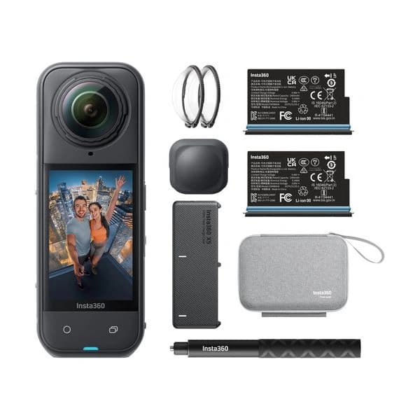 Insta360 X5 360° Action Camera Essentials Bundle | Waterproof up to 15m (IP68) | Dual 1/1.28" Sensors (72MP) | 8K 30fps, 360° HDR Video| 2.5" Touchscreen | 1800mAh Battery, Up to 208 Mins Battery Life (Endurance Mode) | Built-in Wind Muffler