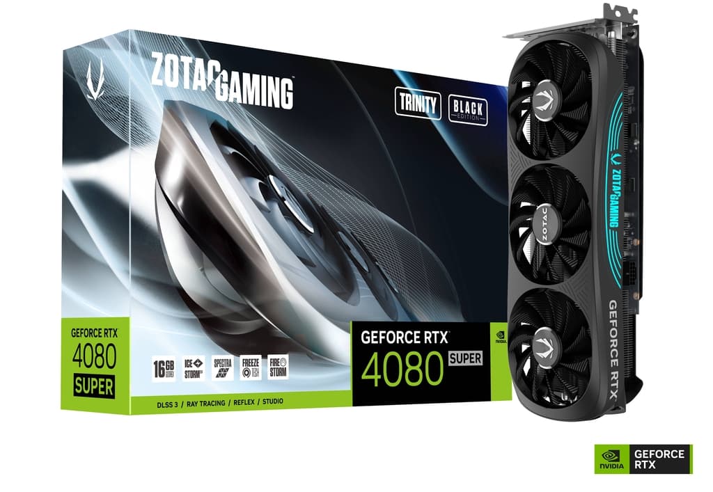 ZOTAC Gaming GeForce RTX 4080 Super Trinity OC Graphics Card with 16GB GDDR6X memory, 256-bit interface, 23 Gbps speed, up to 2550 MHz GPU boost, 3 DisplayPorts, 1 HDMI, and PCIe 4.0 x16 interface.