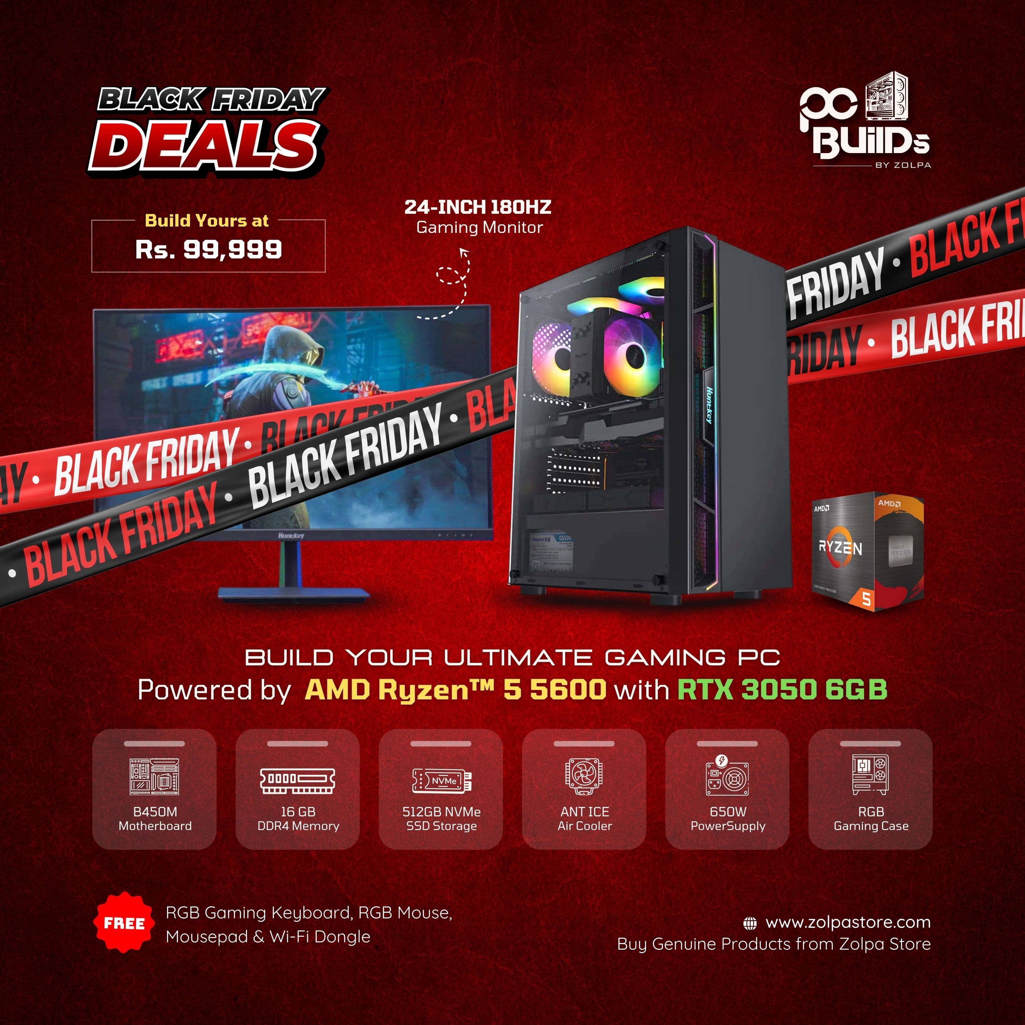 Gaming PC Build | AMD Ryzen 5 5600 Processor | B450M Motherboard | 16GB RAM | 512GB SSD | RTX 3050 (6GB) Graphics | 650W Power Supply | Ant ICE Air Cooler | RGB Gaming Case with Dahua 24-inch Gaming Monitor