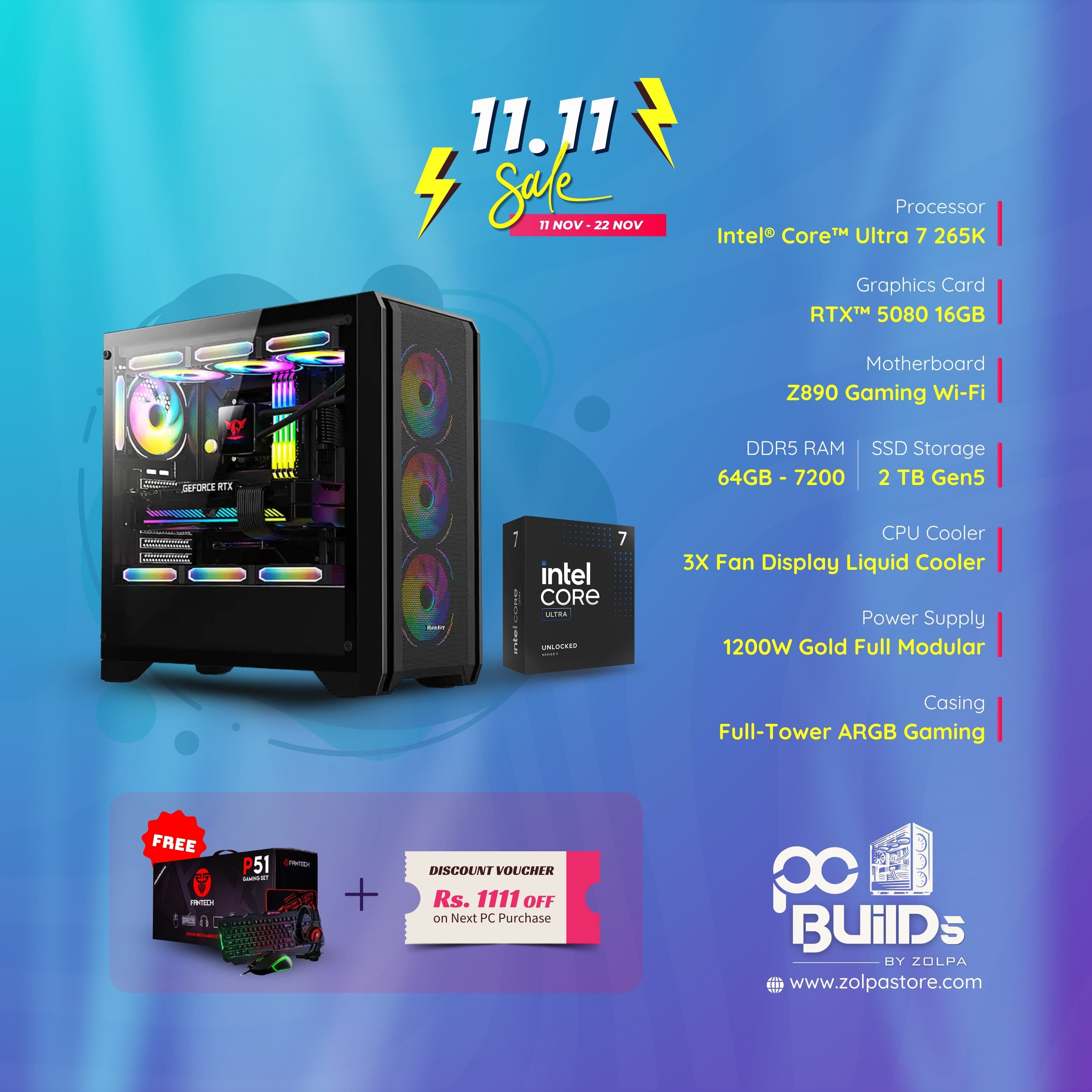 Gaming PC Build | Intel Core Ultra 7 265K Processor | 64GB DDR5 RAM | 2TB Gen5 SSD | RTX 5080 16GB Graphics | Z890 Gaming Wi-Fi Motherboard | 3X Fan Liquid CPU Cooler | Full Tower ARGB Gaming Case