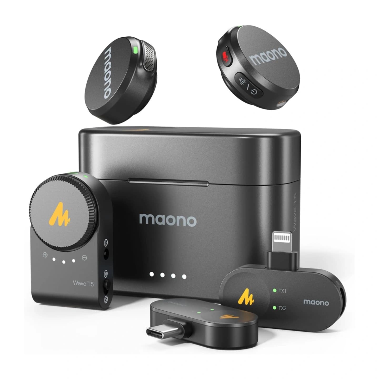 MAONO Wave T5 Wireless Microphone | 48 kHz / 24-bit Audio Quality | 120 dB Max SPL | 80 dB SNR | Up to 300 m Transmission Range | USB-C & Lightning Compatible | 3 Modes 14 Levels Noise Cancellation
