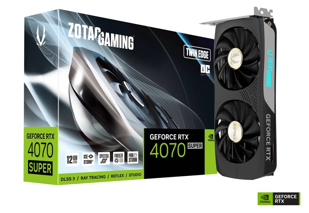 ZOTAC Gaming GeForce RTX 4070 Super Twin Edge OC 12GB GDDR6X, 192-bit, 21 Gbps, PCIe 4.0, DLSS 3, IceStorm 2.0 cooling, Spectra RGB lighting.