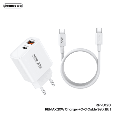 REMAX RP-U120 20W USB-C Charger & Cable Set | 20W Fast Charging | Includes Type-C to Type-C Cable | EU Plug | Compact Modern Design | Enhanced Safety | Universal Compatibility