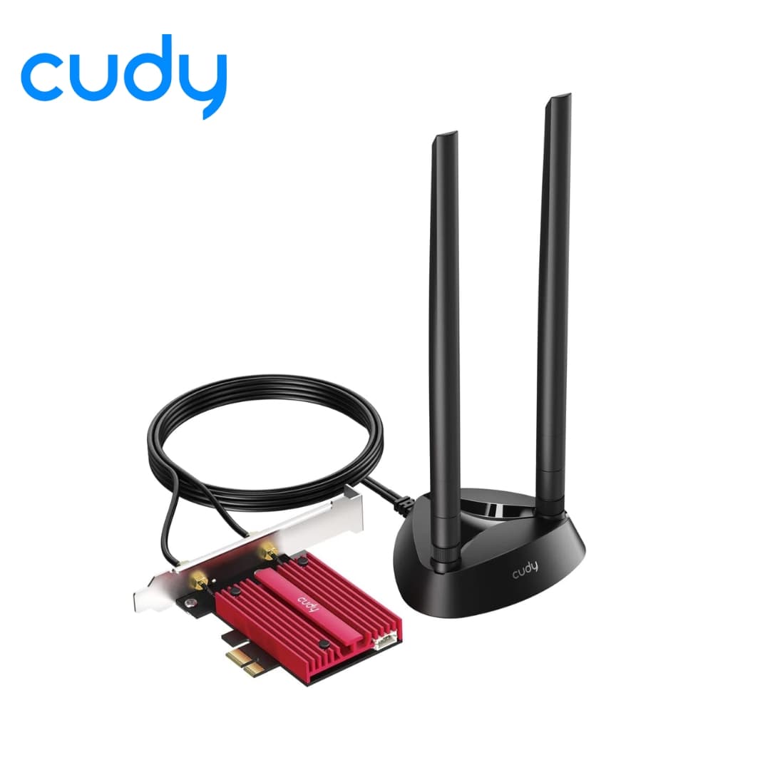 Cudy WE4000 AX5400 Wi-Fi 6E PCIe Adapter | Tri-Band (6GHz+5GHz+2.4GHz) | Intel AX210 Chipset | Bluetooth 5.3 | 2x 5dBi High-Gain Magnetic Antennas | WPA3, MU-MIMO, OFDMA | PCIe Interface with Heatsink