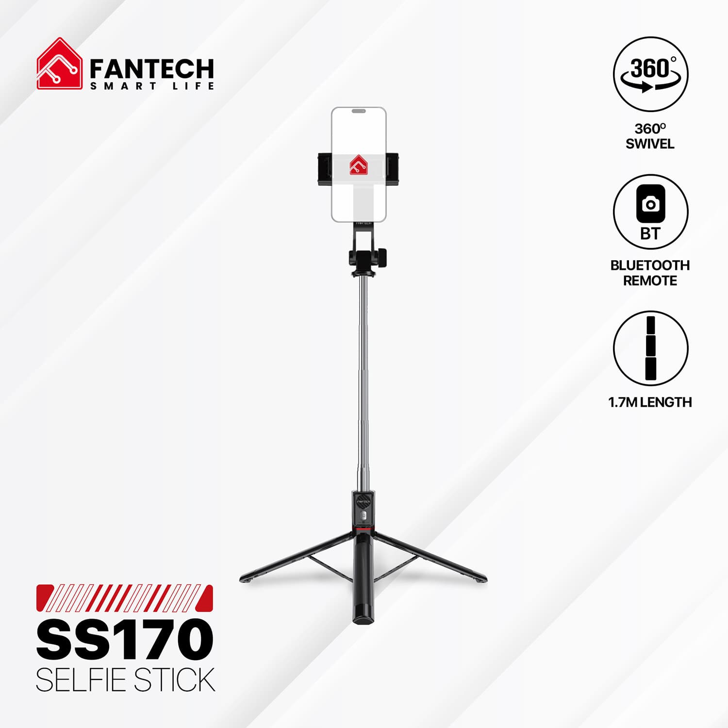 Fantech SS170 Bluetooth Selfie Stick | Bluetooth 5.0 | Up to 170 cm Extendable Height | Bluetooth Remote (Up to 10m Range) | Aluminum & ABS Build | Compatible with 60–88 mm Smartphones