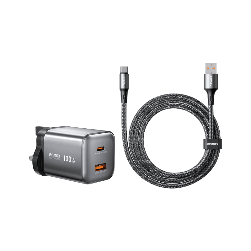 Remax CA-15 Wisdom Series 100W GAN Travel Charger Set | USB-A to USB C Cable | USB-A & USB C  Ports | Gallium Nitride Material | Quick & Safe Charging