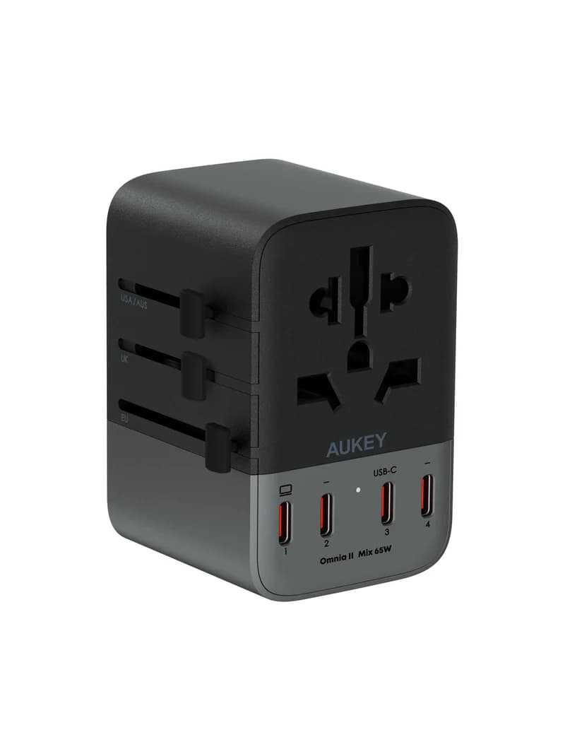 AUKEY PA-TA08A 65W GaN Universal Adapter | 2 AC Sockets, 1 USB-A & 4 USB-C Ports | Worldwide Compatible (US, UK, EU & AU Plugs) | 65W Fast Charging | Intelligent Global Voltage Range | Multiple Safety Protections