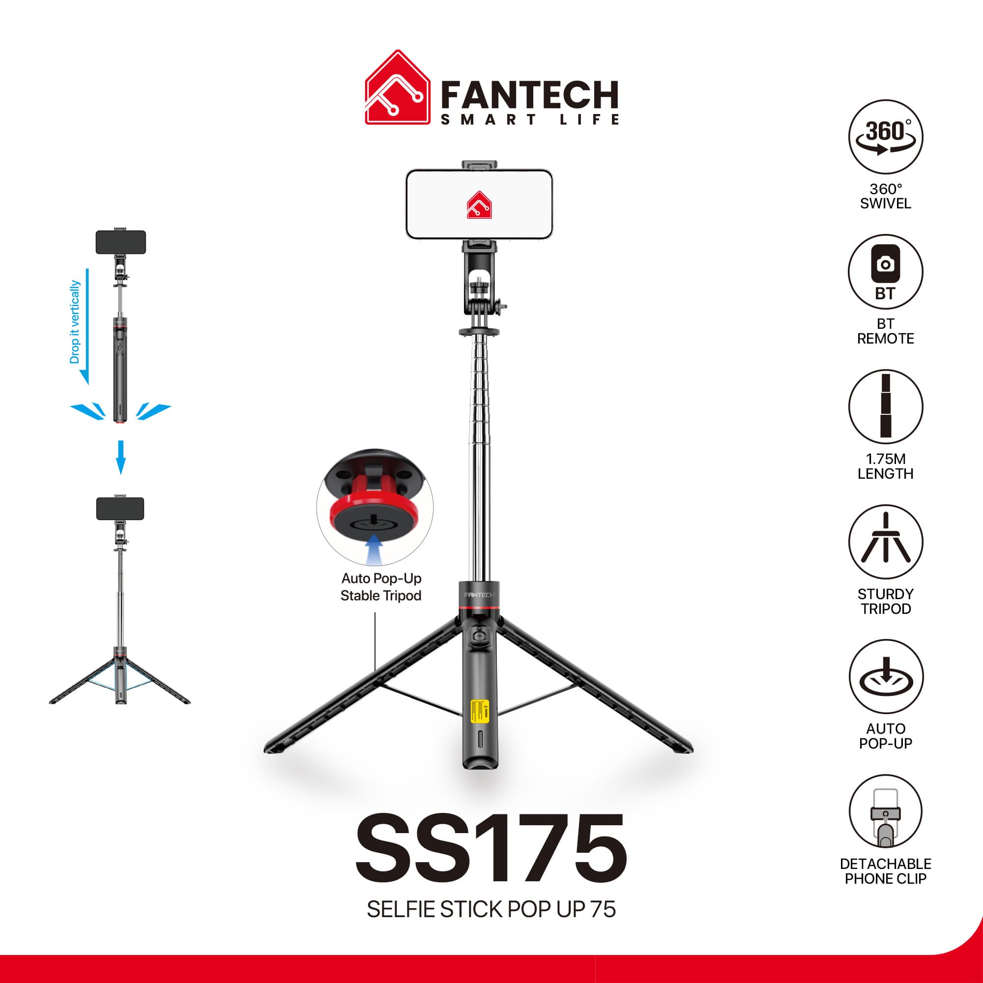 Fantech SS175 Snap Master Bluetooth Selfie Stick | Magnetic Remote With BT 5.2 | 360° Multi-Angle Adjustment | Detachable Phone Clamp as Stand | 1.75m Stainless Steel ROD | Supports 60–95 mm Smartphones