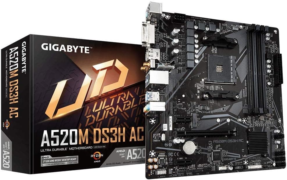 GIGABYTE A520M DS3H AC Motherboard | AMD AM4 | Micro-ATX | 4x DDR4 | HDMI | Wi-Fi AC | 3x PCIe | USB 3.2 Gen 1 | LAN