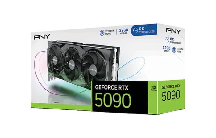 PNY GeForce RTX 5090 32GB DDR7 Graphics Card | 2527MHz Clock Speed | 21,760 CUDA Cores | 3352 TOPS AI Cores | 32GB GDDR7 (512-bit, 28 Gbps) | PCI Express 5.0 x16 | HDMI 2.1b & 3x DisplayPort 2.1b