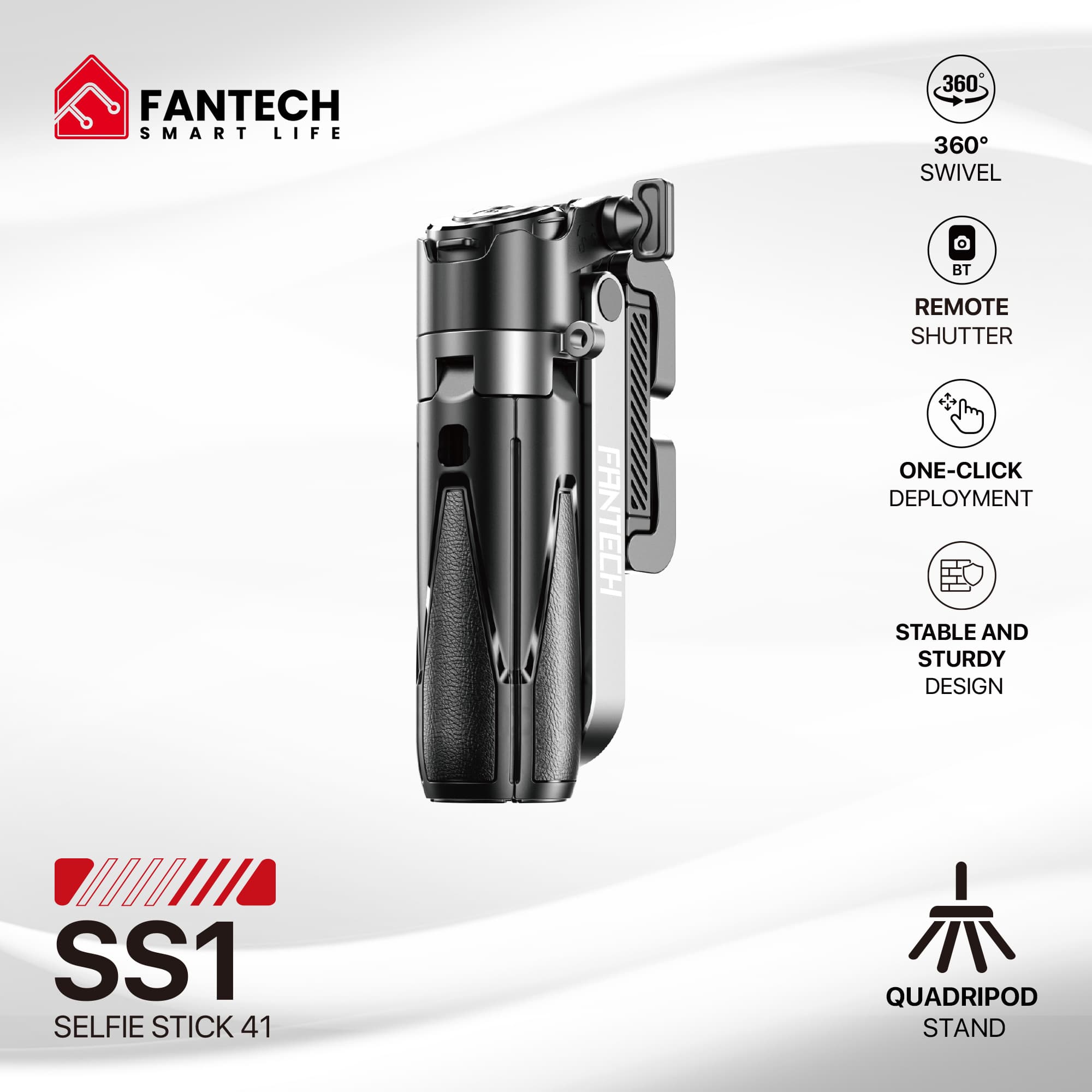 Fantech SS141 Selfie Stick & Tripod | Bluetooth 5.2 | 360° Swivel | Adjustable Height up to 41.5 cm | Aluminum & ABS Build | USB-C Rechargeable Remote Shutter | Quadpod Stand | Supports 65–93 mm Phones | Portable Design