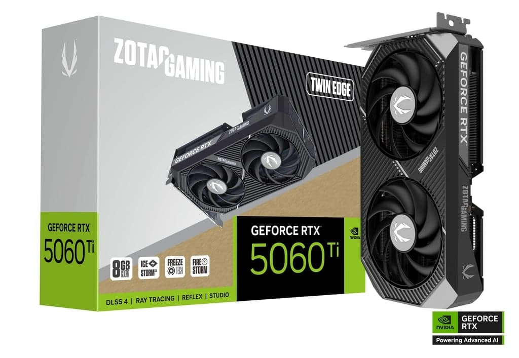 ZOTAC GAMING GeForce RTX 5060 Twin Edge 8GB GDDR6, 128-bit, PCIe 4.0, compact design, advanced cooling.