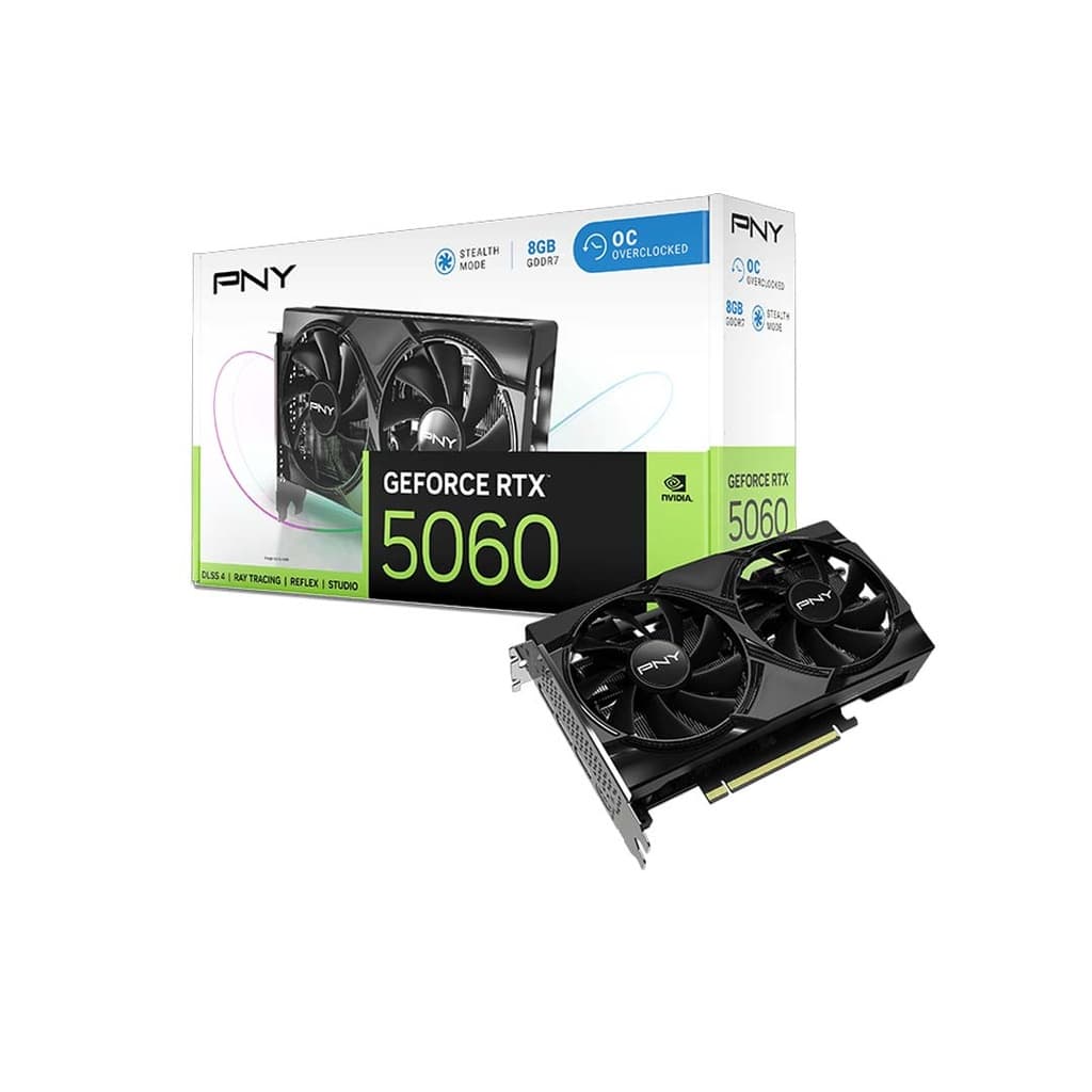 PNY GeForce RTX 5060 OC 8GB GDDR7 Graphics Card | 8GB GDDR7 (448 GB/s Bandwidth) | DLSS 4 & Reflex 2 Support | Dual Fan Cooling | 2-Slot Compact Design | PCIe 5.0 Ready | DisplayPort 2.1b & HDMI 2.1b (8K 165Hz)