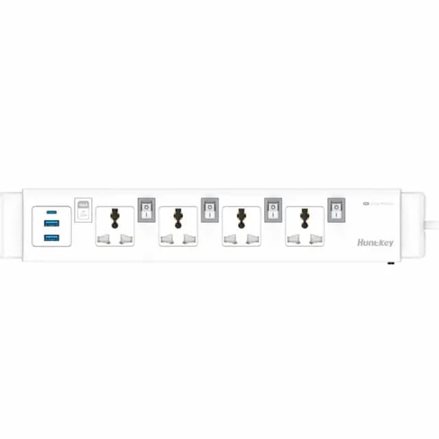 Huntkey SZC407 Surge Protector Power Strip | 4 Universal Outlets | USB & Type-C Ports | 3M Cable | White