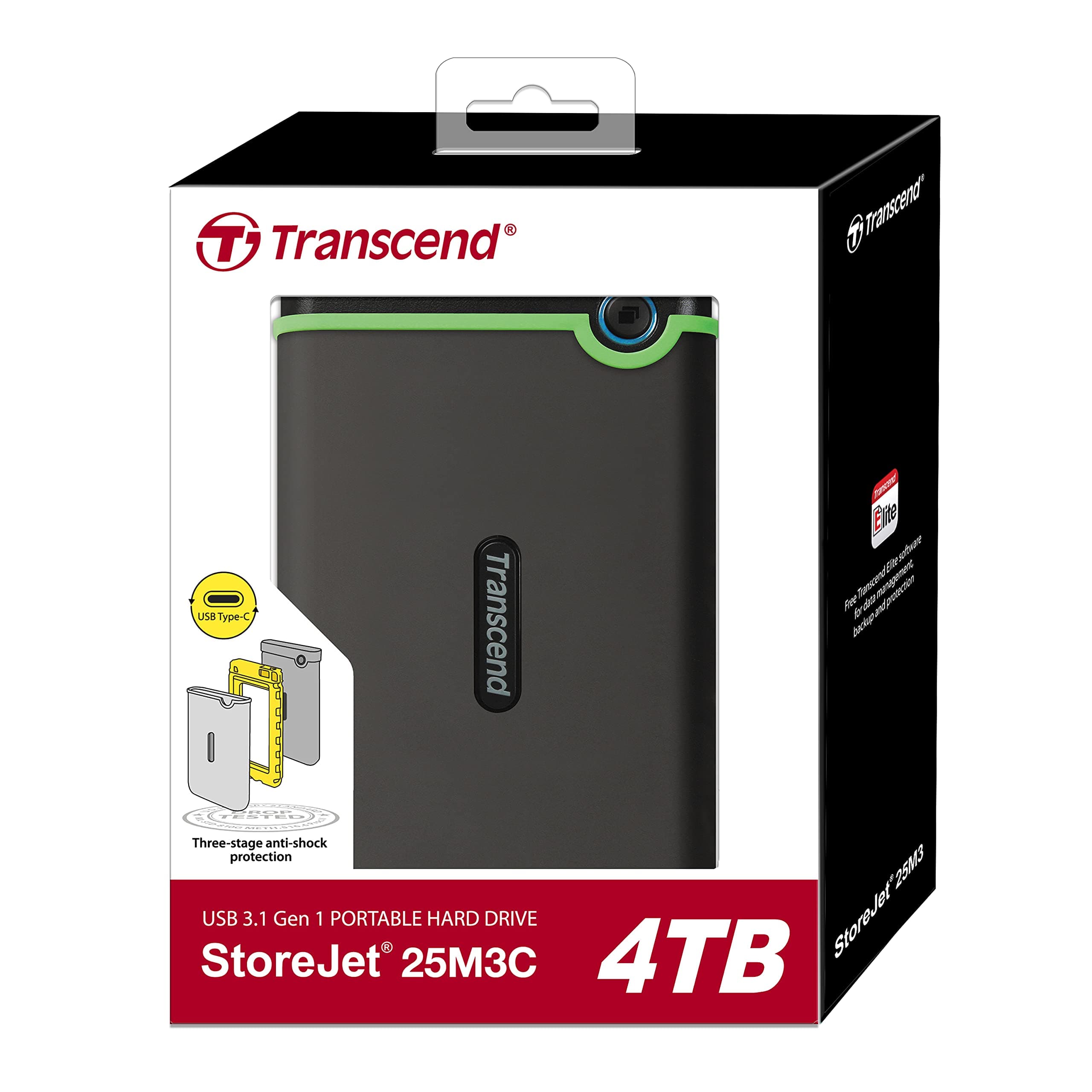Transcend TS4TSJ25M3C 4TB External Portable Hard Drive | USB 3.1 Gen 1 High-Speed Transfer (Up to 5Gb/s) | Dual Connectivity Type-C to Type-C & Type-C to Type-A | Large Capacity, Lightweight & Easy-to-Carry Storage Solution