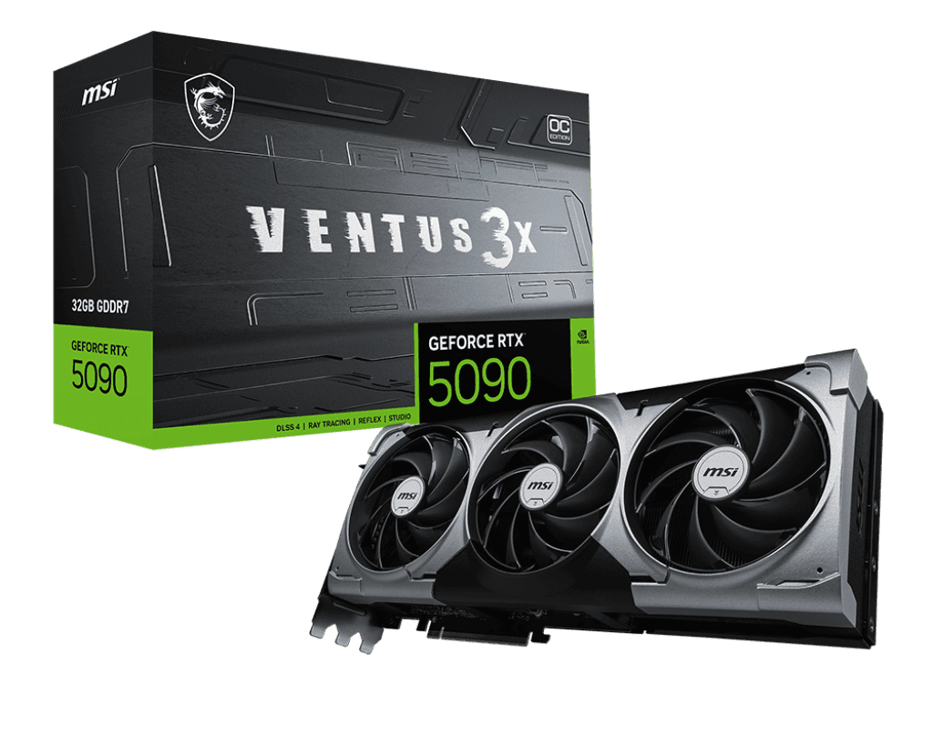 MSI GeForce RTX 5090 Ventus 3X OC 32GB GDDR7 Graphics Card, 512-bit, 28 Gbps, PCIe Gen 5, up to 2437 MHz, with TORX Fan 5.0 cooling.