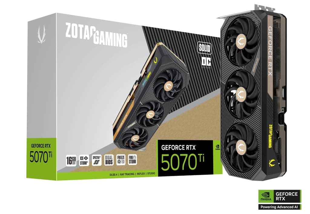 ZOTAC Gaming GeForce RTX 5070 Ti Solid OC 16GB GDDR7, 256-bit, 28 Gbps, PCIe 5.0, DLSS 4, IceStorm 3.0 cooling, Spectra 2.0 ARGB lighting (ZT-B50710J-10P)