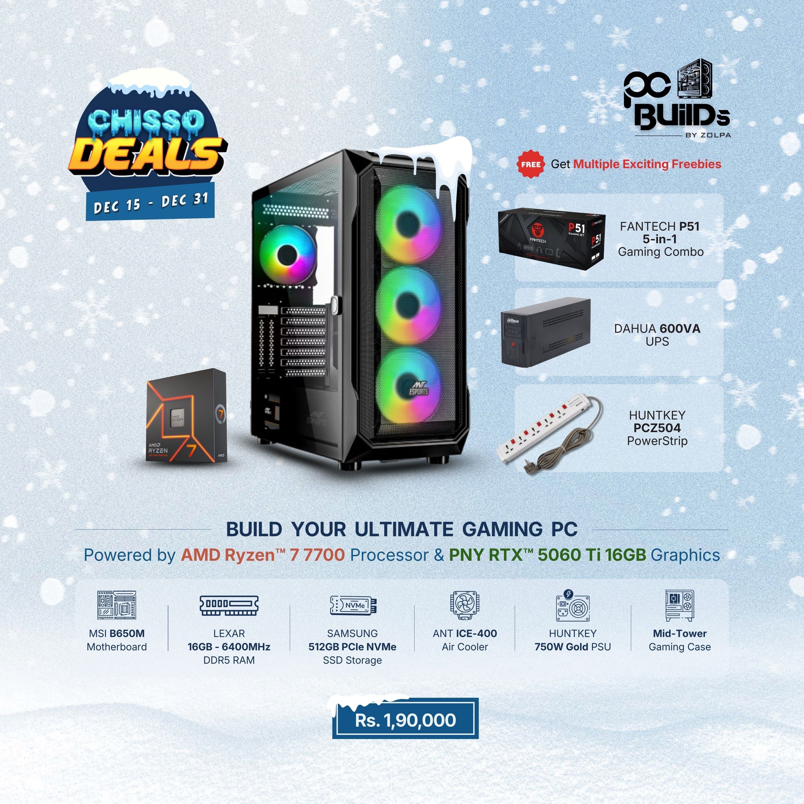 Build Your Ultimate Gaming PC | AMD Ryzen 7 7700 Processor | RTX 5060 Ti 16GB GPU | MSI B650M Motherboard | 16GB RAM | 512GB SSD | ANT ICE-400 Air Cooler | 750W Gold PSU | Mid Tower Gaming Case