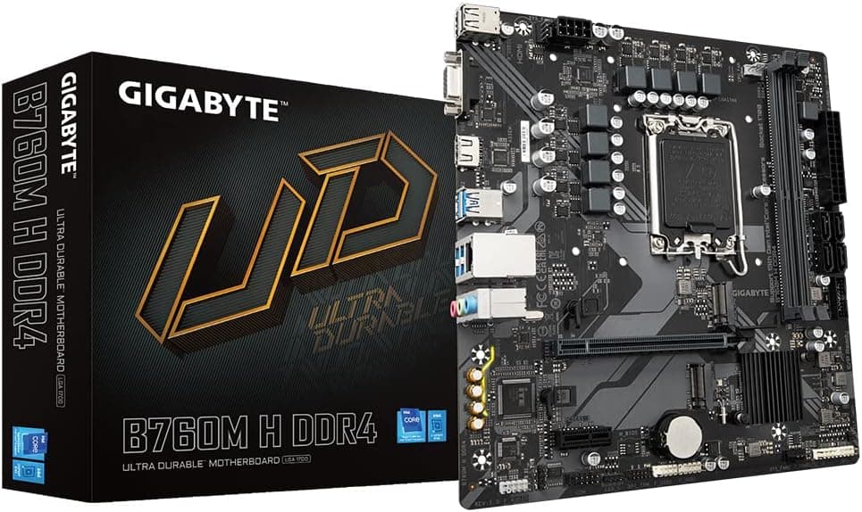 Gigabyte B760M H DDR4 Motherboard | Supports Intel 14th Gen CPUs | 6+1+1 Phase Digital VRM | Up to 3200MHz DDR4 (OC) | Dual PCIe 4.0 M.2 | GbE LAN | USB 3.2 Gen1
