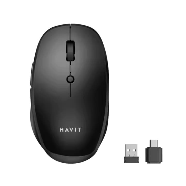 Havit MS50WB | Tri-Mode Wireless Office Mouse | 1600 DPI | Bluetooth & 2.4GHz USB Dongle | Type-C Charging | Silent Clicks | Ergonomic Big Size | Dual Connectivity | Portable Design