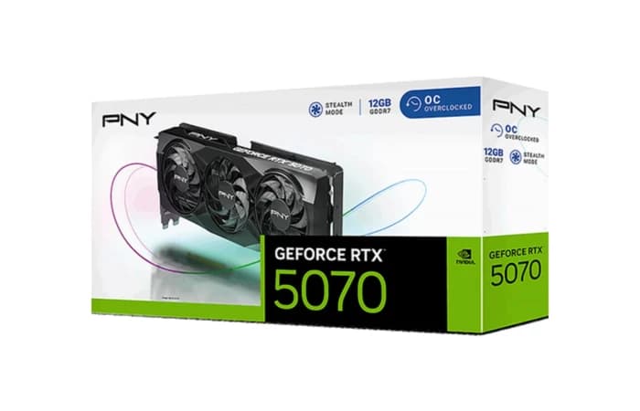 PNY GeForce RTX 5070 12GB DDR7 OC Graphics Card | 6144 CUDA Cores | 2.16GHz Clock Speed | 12GB GDDR7 (192-bit, 28 Gbps) | 988 TOPS | PCI Express 5.0 x16 | HDMI 2.1b & 3x DisplayPort 2.1b | DLSS 4 & Reflex Support
