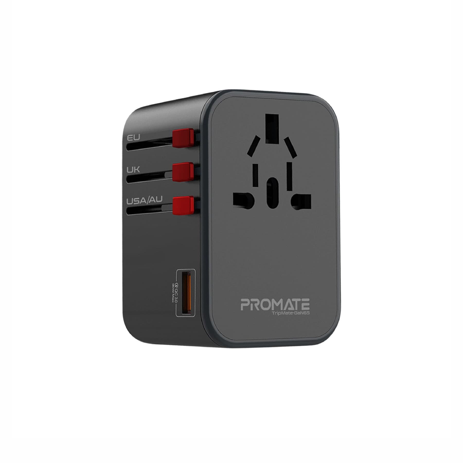 Promate Tripmate-Gan65 | 65W GaN 3-Port Travel Charger | 1x AC Outlet & 2x USB-C PD (65W Each) & 1x USB-A (30W) |  100-240V AC Input | Wide Compatibility | In-Built Safety Shutters and Quick Lock System