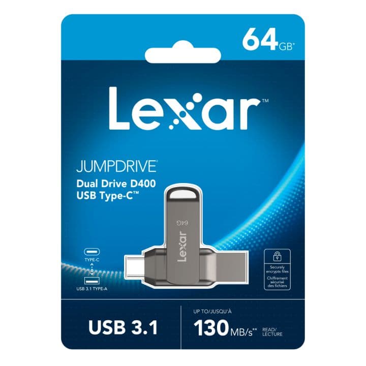 Lexar JumpDrive Dual Drive D400 USB 3.2 Type-C | Up to 130MB/s Read Speed | Dual USB 3.2 Gen 1 and Type-C Interface | Compatible with PC and Mac Systems
