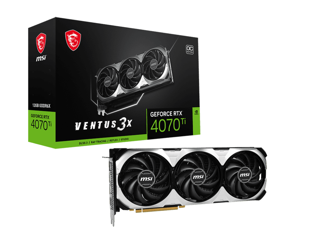 MSI GeForce RTX 4070 Ti Ventus 3X OC 12GB GDDR6X, 192-bit, 2655 MHz, PCIe Gen 4, 3x DP 1.4a, HDMI 2.1a, 4K & 8K HDR support.
